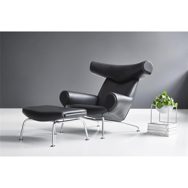 Fredericia Furniture Erik Jrgensen Wegner OX Ottoman H: 36 cm - Sort Primo 88 Lder / Brstet Krom