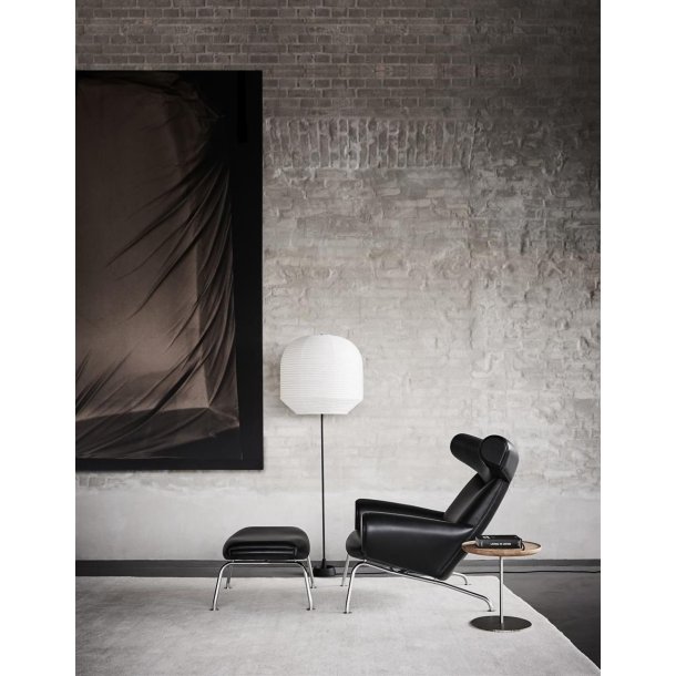 Fredericia Furniture Erik Jrgensen Wegner OX Ottoman H: 36 cm - Sort Primo 88 Lder / Brstet Krom